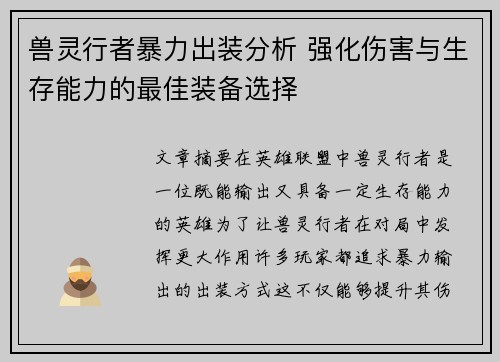 兽灵行者暴力出装分析 强化伤害与生存能力的最佳装备选择