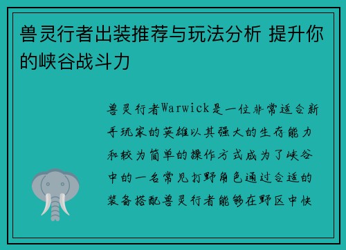 兽灵行者出装推荐与玩法分析 提升你的峡谷战斗力