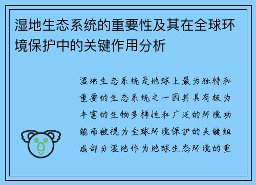 湿地生态系统的重要性及其在全球环境保护中的关键作用分析